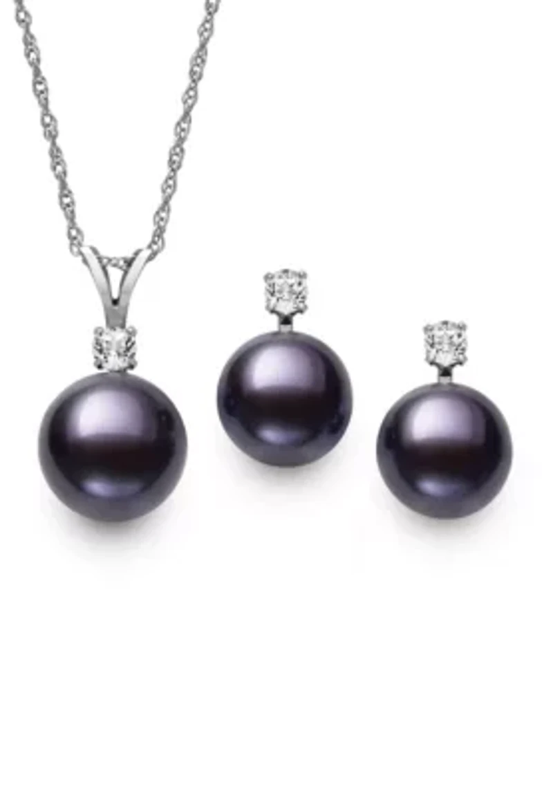 Lab Created White Topaz and Freshwater Pearl Sterling Silver Earring and Pendant Set 9–10mm