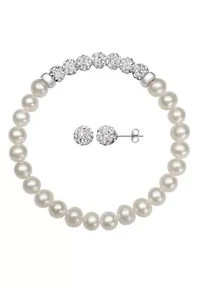 Sterling Silver Freshwater Pearl and Crystal Bracelet and Stud Earring Set