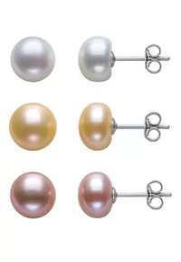 Sterling Silver Freshwater Pearl Stud Earring Set 3 Pairs 8–9mm