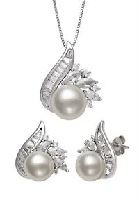 Lab Created Sapphire and Freshwater Pearl Sterling Silver Earring and Pendant Set