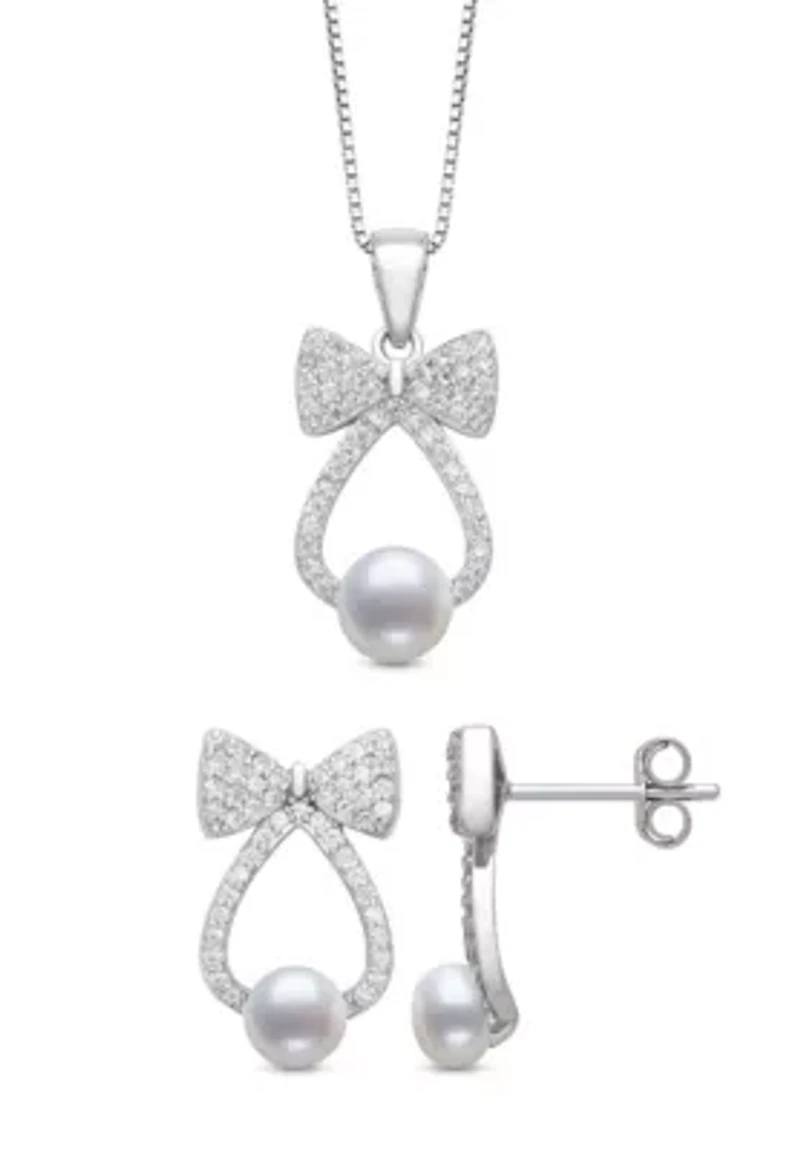 Lab Created Sapphire and Freshwater Pearl Sterling Silver Earring and Pendant Set