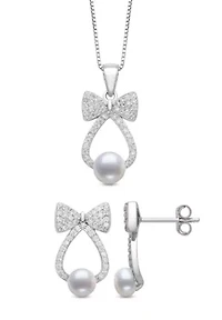 Lab Created Sapphire and Freshwater Pearl Sterling Silver Earring and Pendant Set