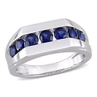 Lab Created Blue Sapphire Channel Set Men's Ring Sterling Silver