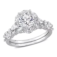 Lab Created White Sapphire and Diamond Accent Halo Floral Design Bridal Ring Set 10k Gold