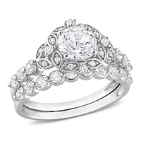 Lab Created White Sapphire and Diamond Accent Vintage Design Bridal Ring Set 10k Gold
