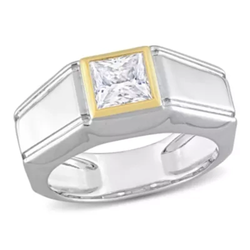 Lab Created Moissanite Solitaire Men's Ring 2-Tone Sterling Silver with Yellow Gold Plating