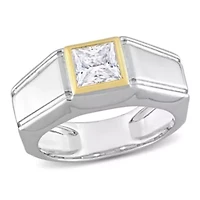 Lab Created Moissanite Solitaire Men's Ring 2-Tone Sterling Silver with Yellow Gold Plating
