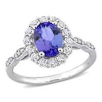 Oval Shape Tanzanite, White Topaz and Diamond Accent Vintage Halo Ring 14k Gold