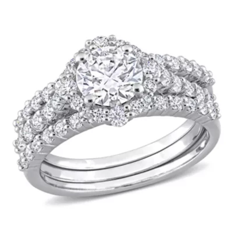 Lab Created 2 CT DEW Moissanite Halo Bridal Ring Set Sterling Silver