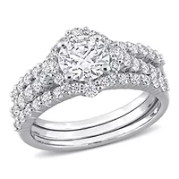 Lab Created 2 CT DEW Moissanite Halo Bridal Ring Set Sterling Silver