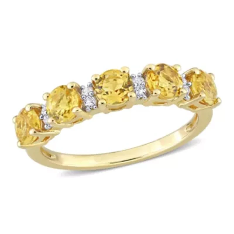 Citrine and White Topaz Semi Eternity Ring Yellow Gold Plated Sterling Silver