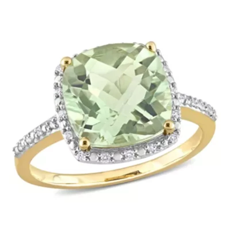 Green Quartz and 1/10 CT TW Diamond Halo Cocktail Ring 14k Yellow Gold