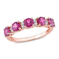 Rhodolite and White Topaz Semi Eternity Ring Rose Gold Plated Sterling Silver