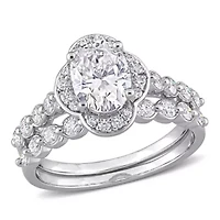 Lab Created Moissanite Cluster Halo Bridal Ring Set Sterling Silver