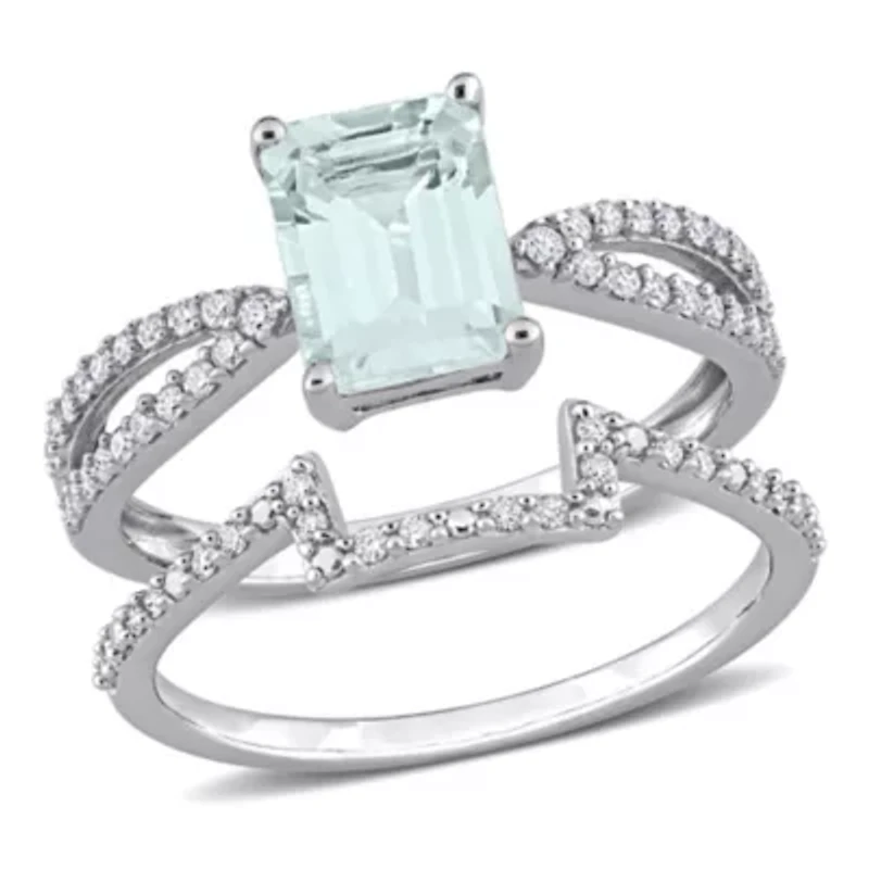 Octagon Aquamarine and 1/3 CT TW Diamond Bridal Ring Set 14k White Gold