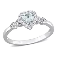 1/2 ct. t.g.w. Aquamarine, White Topaz and 1/10 t.w. Diamond Halo Heart Ring Sterling Silver