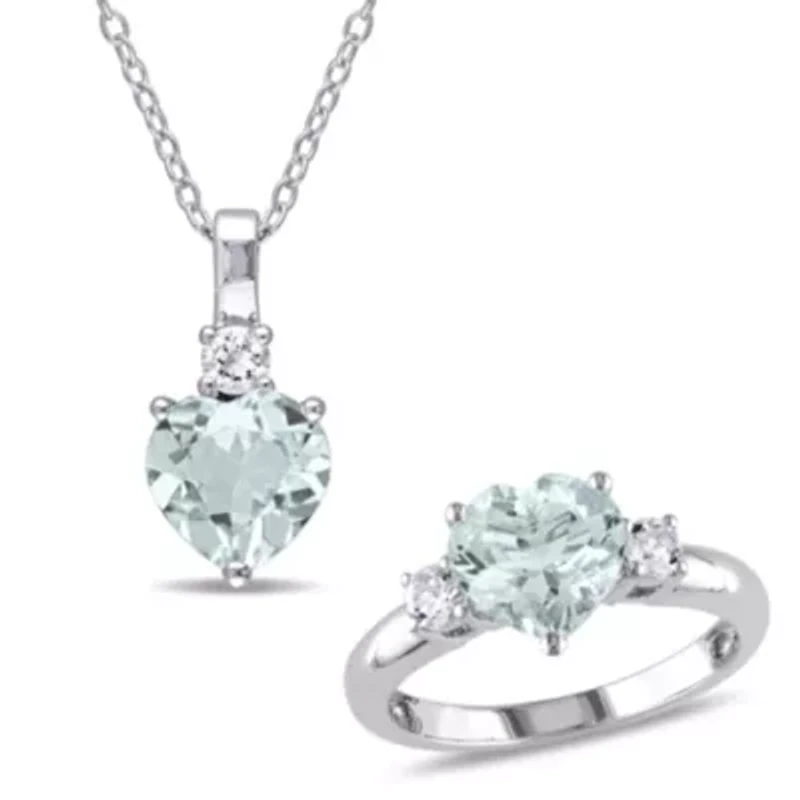 Lab Created 2-Piece Set of 3.45 ct. t.g.w. Aquamarine and White Sapphire Pendant with Chain Ring Sterling Silver