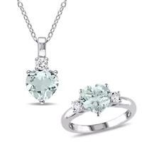 Lab Created 2-Piece Set of 3.45 ct. t.g.w. Aquamarine and White Sapphire Pendant with Chain Ring Sterling Silver