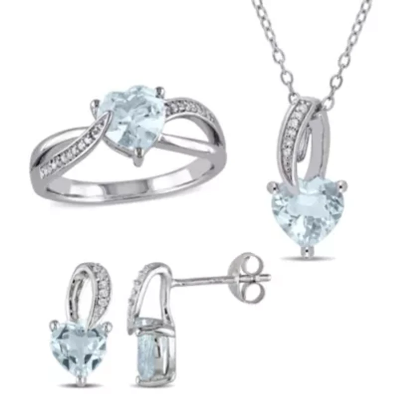 3-Piece Set of 4.3 ct. t.g.w. Aquamarine and 1/10 t.w. Diamond Earrings, Pendant with Chain Ring Sterling Silver