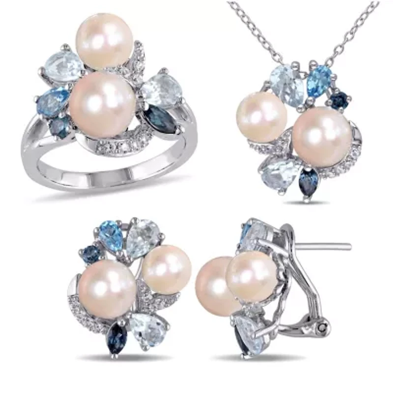 3-Piece of 6.5-8MM Freshwater Cultured Pearl and 6.44 ct. t.g.w. Created White Sapphire, Sky, Swiss London Blue Topaz Ring, Earrings Pendant with Chain Sterling Silver