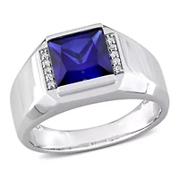 Lab Created 1/10 ct. t.w. Diamond and Blue Sapphire Men's Ring 10K White Gold