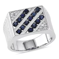 Blue and White Sapphire Men's Ring Sterling Silver