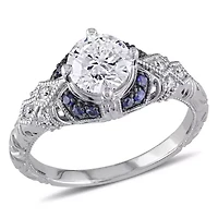 1.01 ct. t.w. Diamond and Sapphire Accent Victorian Engagement Ring 14K White Gold