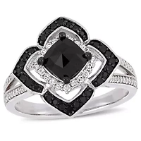 1.4 CT TW Black and White Diamond Halo Ring Sterling Silver with Rhodium Plated