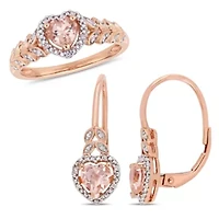 2-pc Set of Morganite and White Topaz Floral Stud Earrings Necklace Rose Plated Sterling Silver