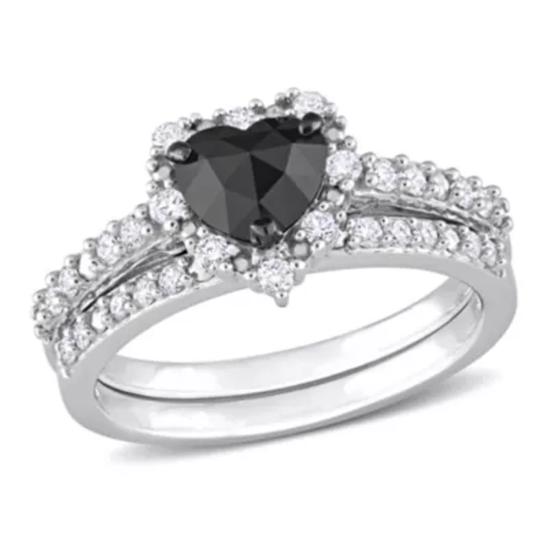1.02 ct. t.w. Black and White Diamond Halo Bridal Ring Set 10K Gold
