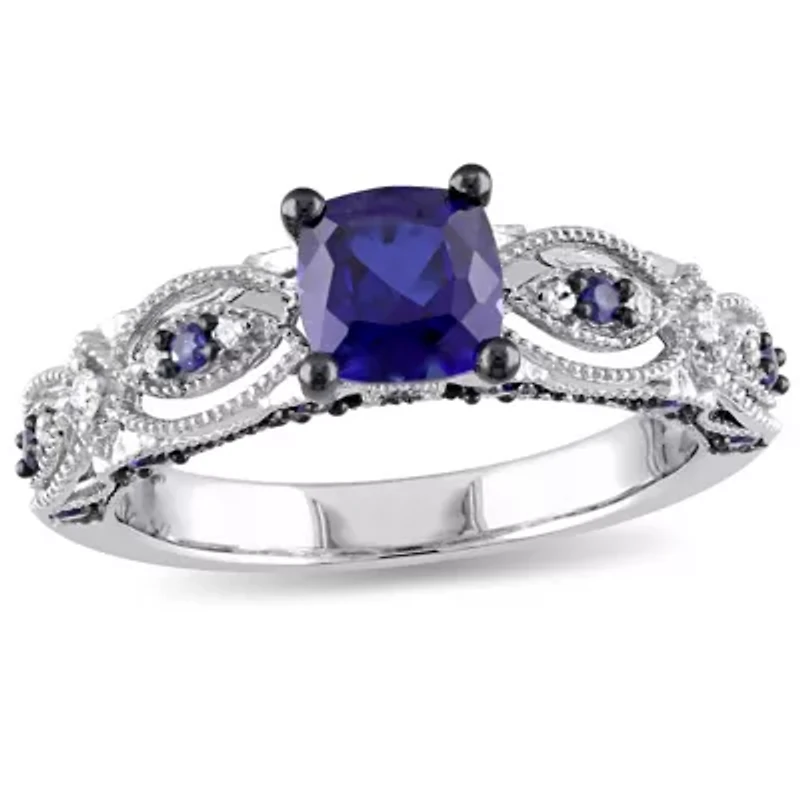 Lab Created Blue Sapphire and 1/10 ct. t.w. Diamond Vintage Ring 10K White Gold with Black Rhodium