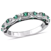 Lab Created Emerald and Diamond Accent Vintage Anniversary Ring 10K White Gold with Black Rhodium