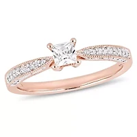 Lab Created White Sapphire and Diamond Engagement Ring Rose Plated Sterling Silver