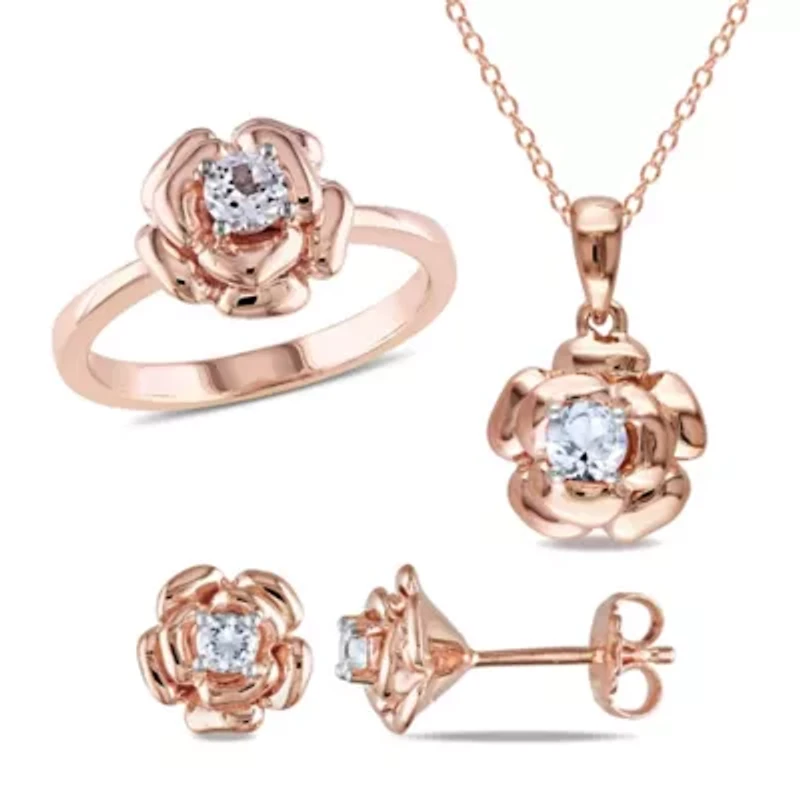 Lab Created 3-Pc Set of White Sapphire Floral Ring, Earrings and Pendant with Chain Rose Plated Sterling Silver