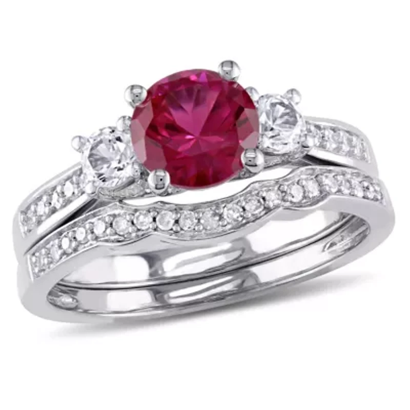 Lab Created Ruby and White Sapphire with 1/7 ct. t.w. Diamond 3-Stone Vintage Bridal Ring Set 10K Gold