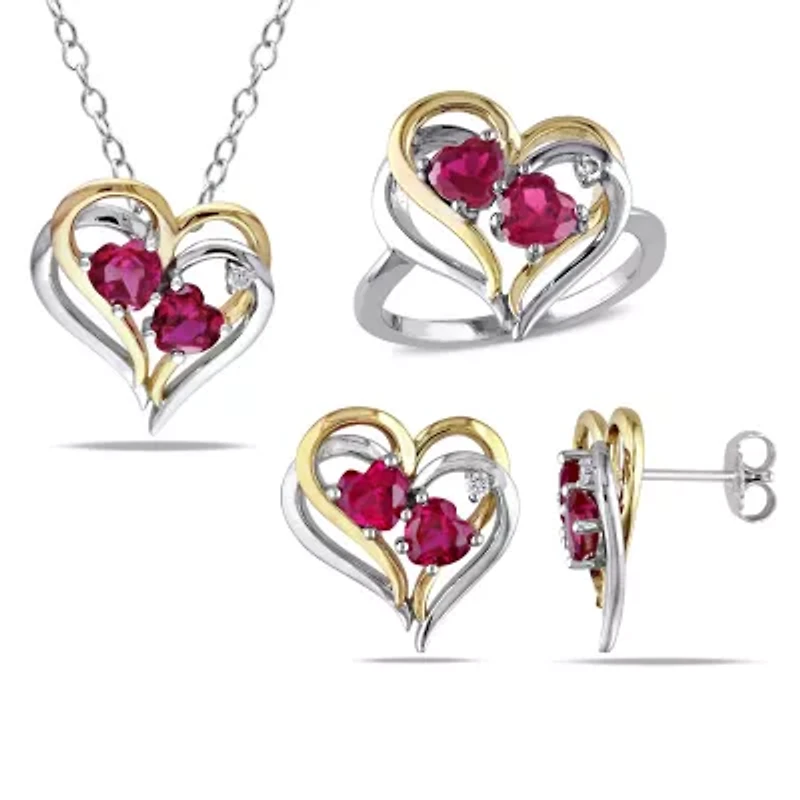 Lab Created 3-Pc Set of Ruby and 1/10 ct. t.w. Diamond Double Heart Ring, Earrings Pendant with Chain 2-Tone Sterling Silver