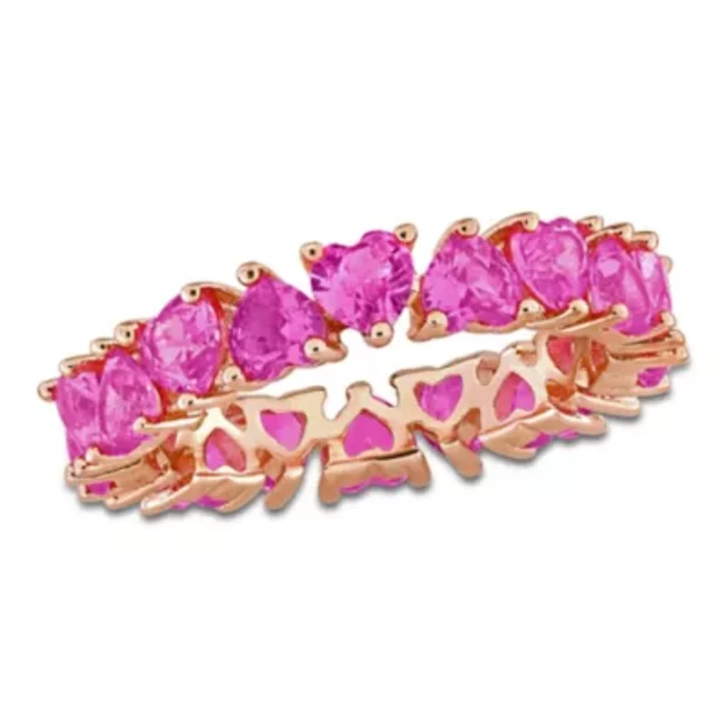 Lab Created Pink Sapphire Heart Eternity Ring Rose Plated Sterling Silver