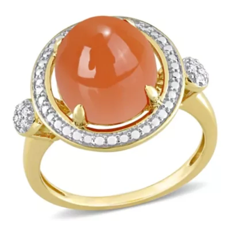 Orange Moonstone and Diamond Accent Halo Ring 14K Yellow Gold