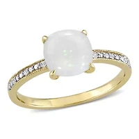 Opal and Diamond Accent Milgrain Solitaire Engagement Ring 10K Yellow Gold