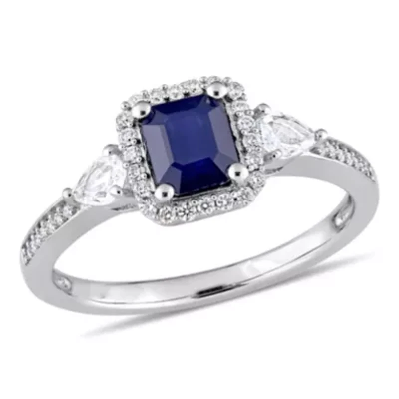 Blue and White Sapphire 1/6 ct. t.w. Diamond Halo 3-Stone Ring 14K Gold