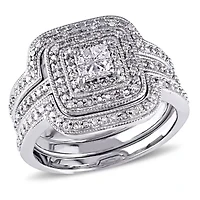 3/8 ct. t.w. Diamond Quad Halo Bridal Ring Set Sterling Silver