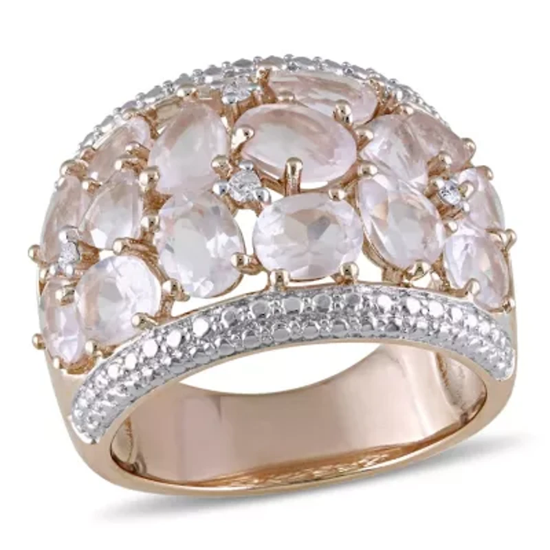 Rose Quartz and Diamond Accent Floral Ring Plated Sterling Silver