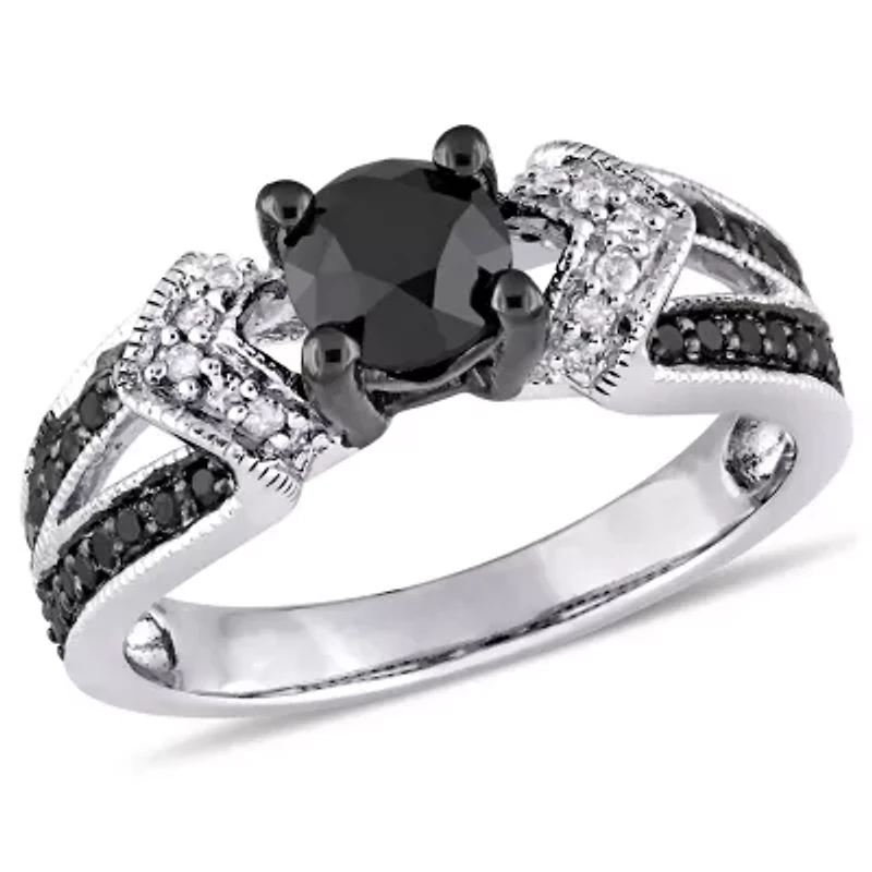1 ct. t.w. Black and White Diamond Split Shank Engagement Ring Sterling Silver with Rhodium