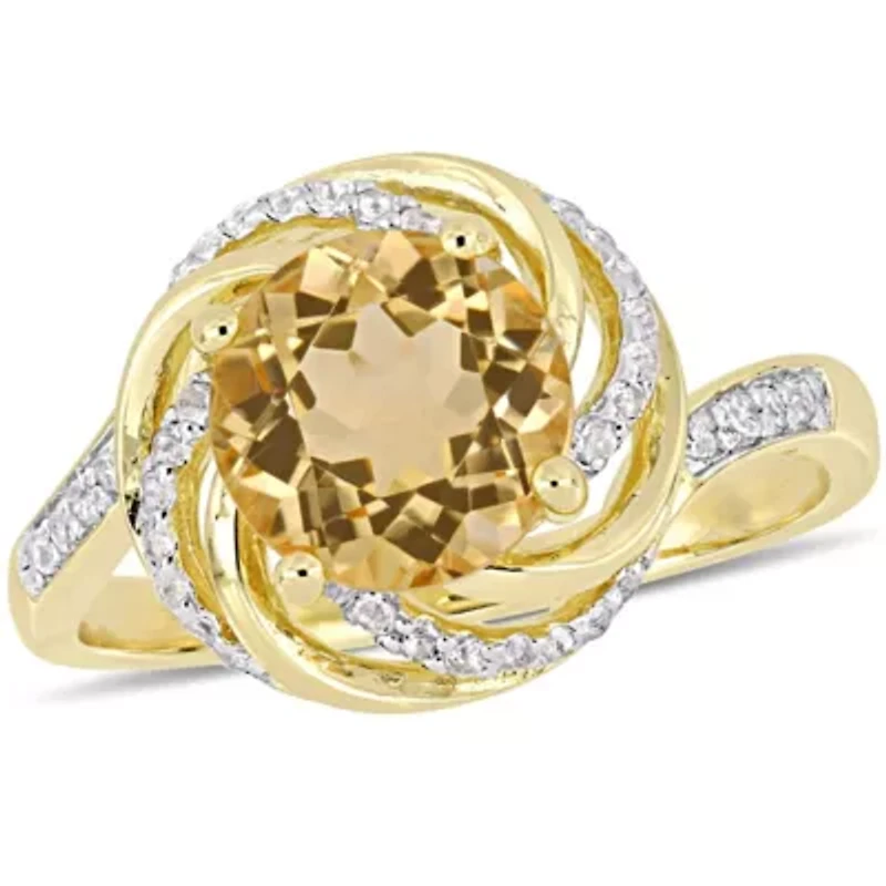 Citrine, White Topaz and Diamond Accent Swirl Ring Yellow Plated Sterling Silver