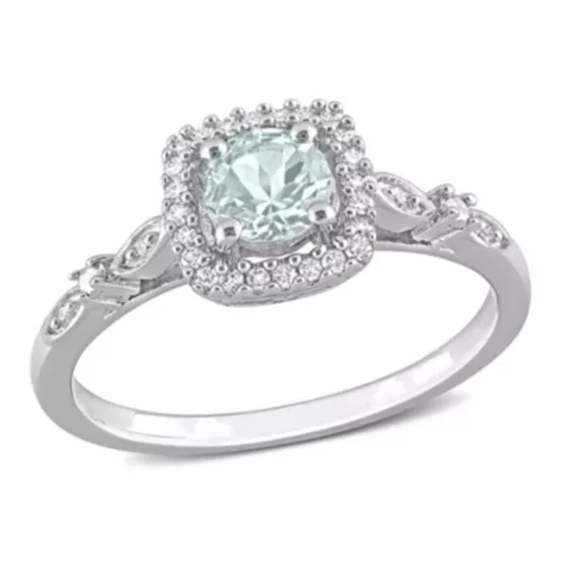 Aquamarine and Diamond Accent Square Halo Ring Sterling Silver