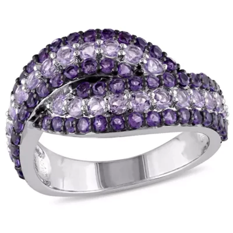 Amethyst and Rose de France Triple Row Twist Ring Sterling Silver with Black Rhodium Plated
