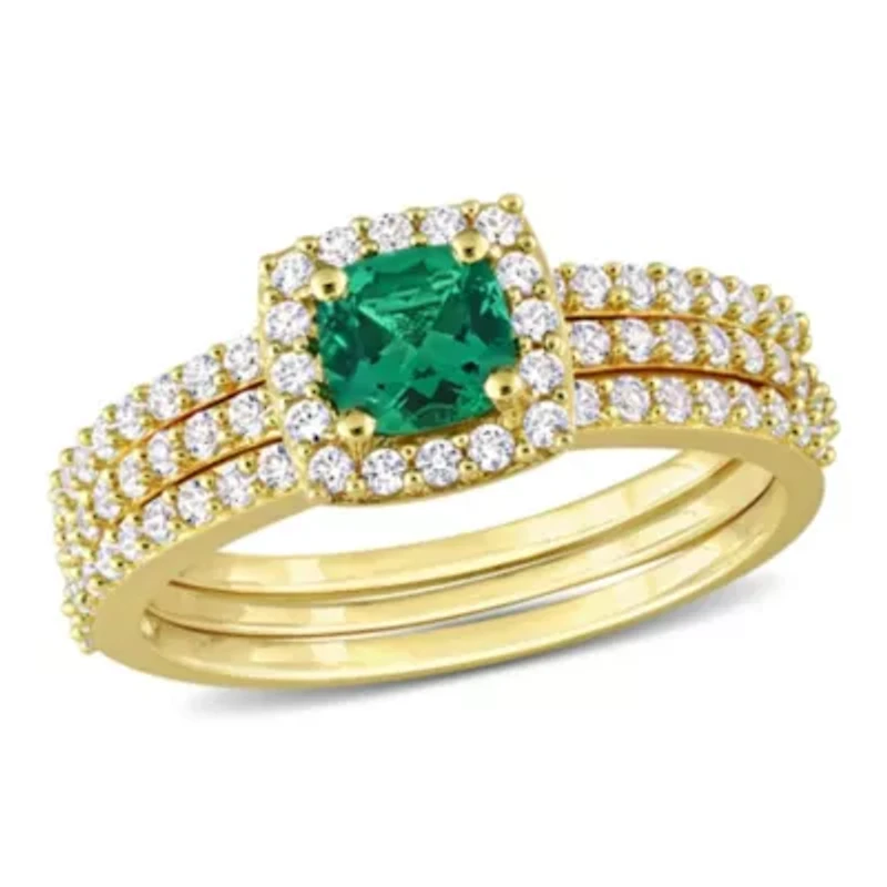 Lab Created Emerald and White Sapphire Bridal Ring Set Yellow Plated Sterling Silver