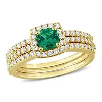 Lab Created Emerald and White Sapphire Bridal Ring Set Yellow Plated Sterling Silver