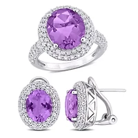 2-Pc Set of Amethyst & White Topaz Double Halo Ring Earrings Sterling Silver