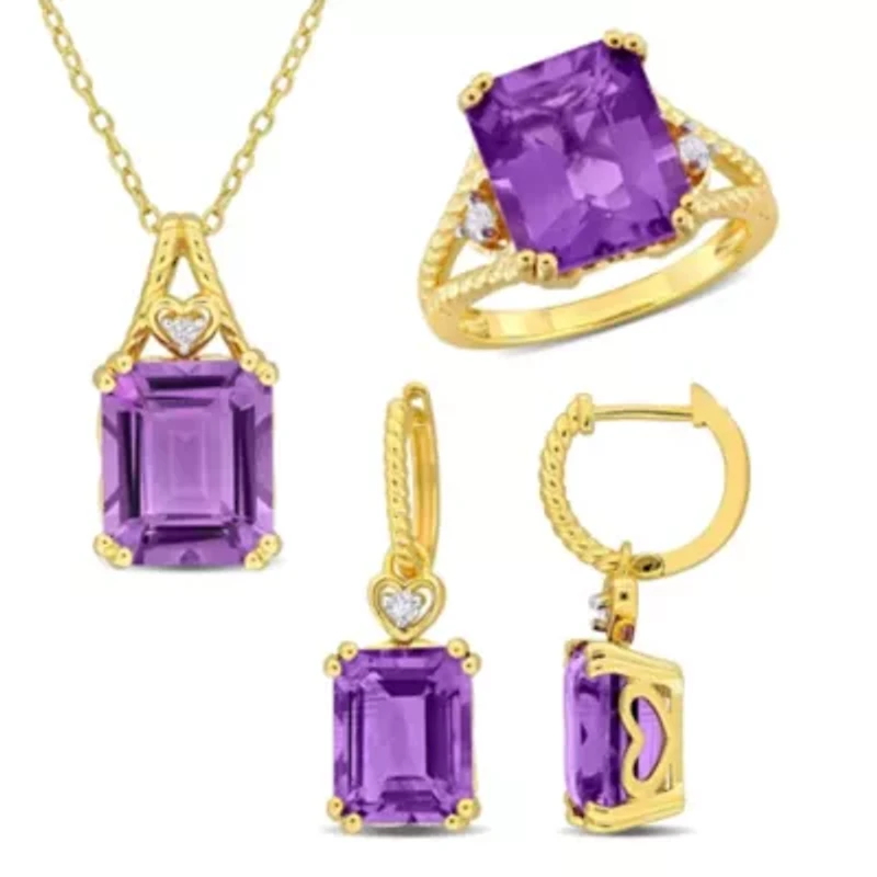 3-Pc Set of Amethyst & White Topaz Ring, Earrings Pendant with Chain Yellow Plated Sterling Silver